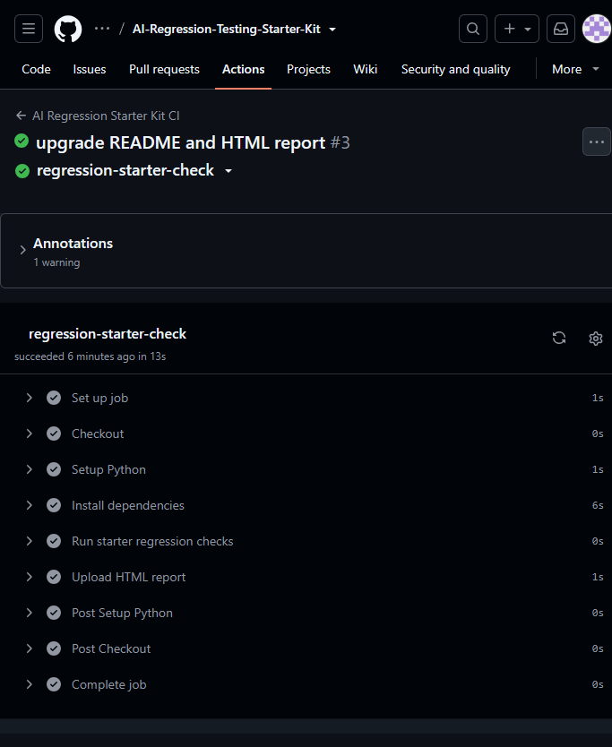 GitHub Actions successful regression test run